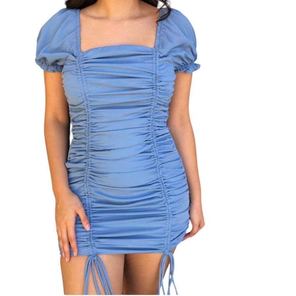 Love Tree Mini Dress Smocked Cinch Bodycon Puff Sleeve Blue S